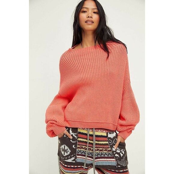 NEW FREE PEOPLE Sz S EMMY MOCK NECK PULLOVER RIBBED SWEATER IN FLAMINGO FLOWER - Picture 1 of 3